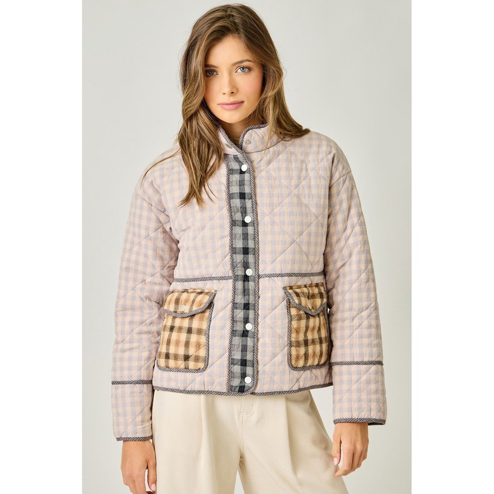Mystree Mixed Media Quilted Jacket Womens Medium Pink Grey Plaid Gingham New
